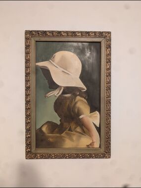 Ornate Picture Frame With Vintage Girl in Sun Hat Wall Art - Cream & Brown